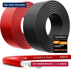 Oududianzi 2×100 Feet Solar Panel Wire, 10AWG Solar Wire Tinned Copper PV Cable
