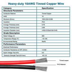 30FT Solar Panel Adapter Cable XT60i 10AWG Tinned Copper Wire, PVC Jacket, Exten