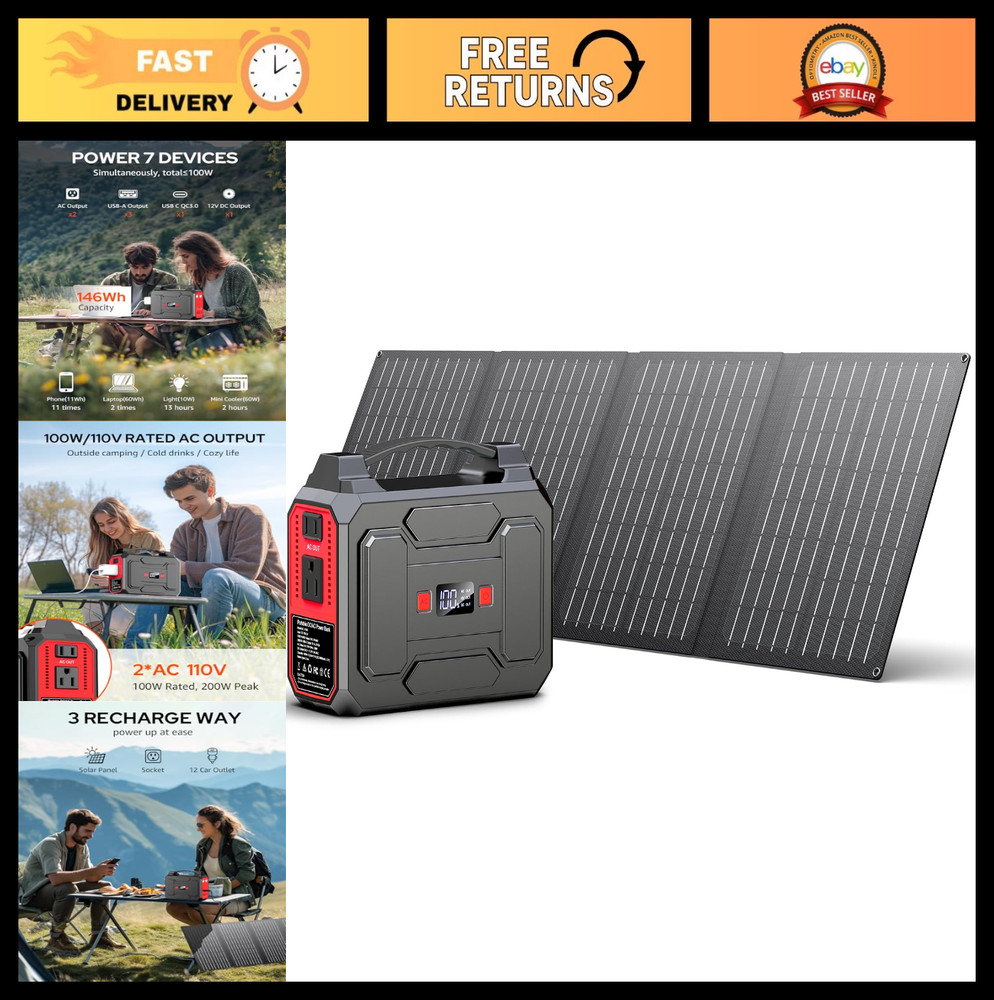 Portable Solar Generator 200W Peak, 100W Rated, 146Wh Power Station with 40W Pan