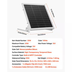 12V 20W Solar Battery Charger, 1.28 Ft. Monocrystalline Silicon Solar Panel Sing
