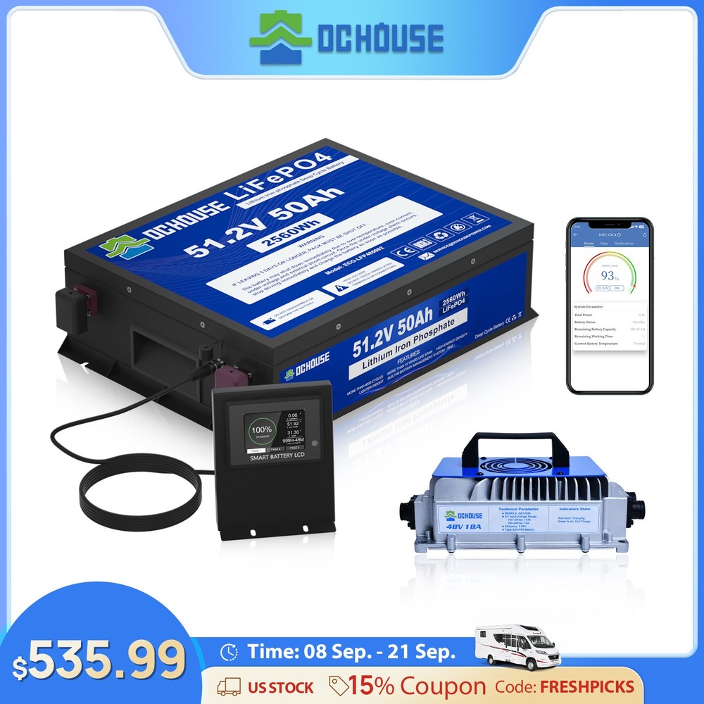 48V 50Ah LiFePO4 Lithium Battery Golf Cart Smart Monitor RV with 18A Charger RVs