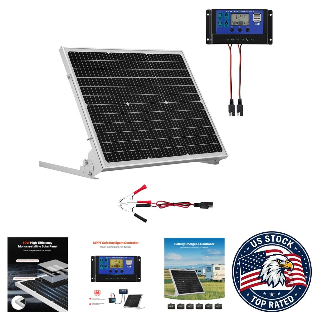 Efficient 50W 12V Solar Trickle Charger with Adjustable Mount for All Vehicles