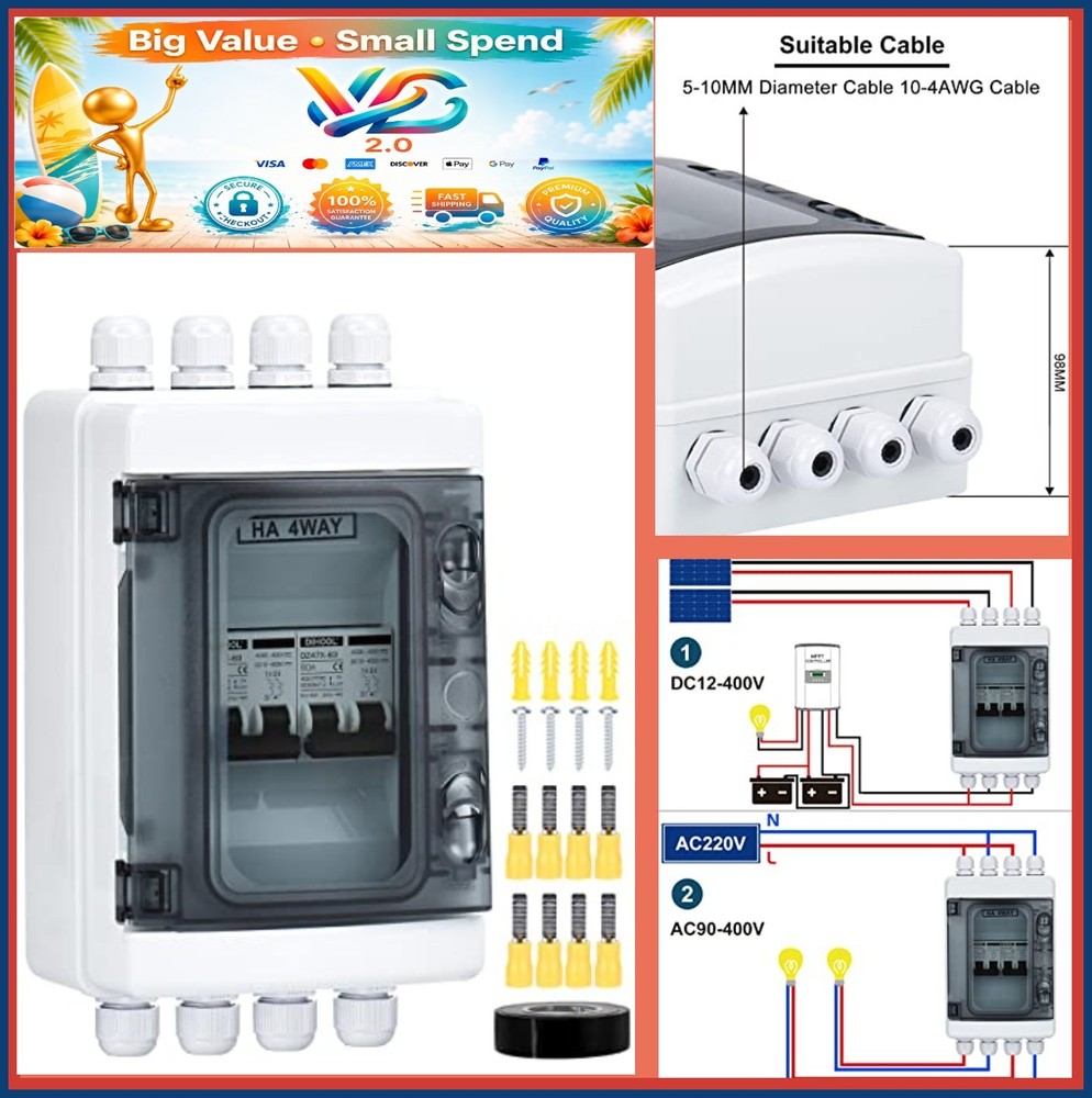 NEW 60A Solar Disconnect Switch Box 2 In 2 Out IP65 Waterproof Circuit Breaker