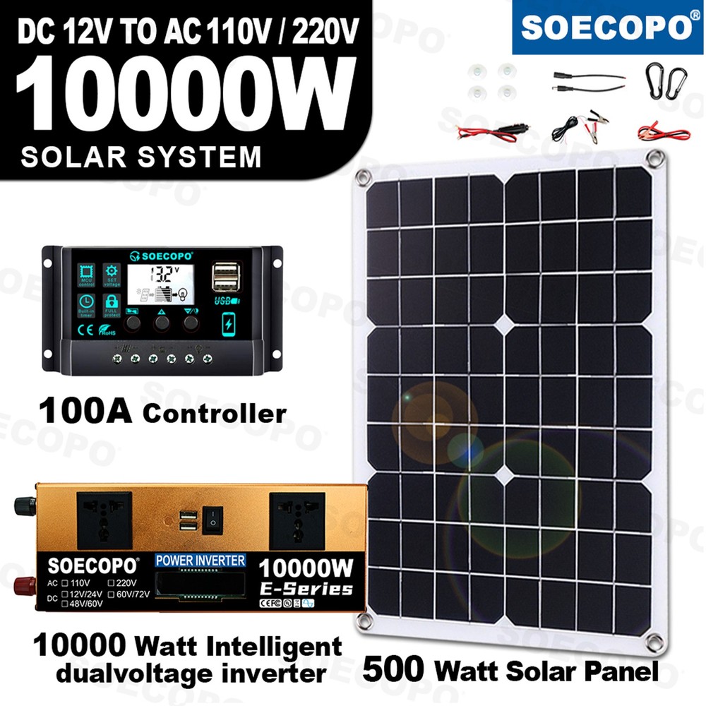 10000W Solar Kit 500W Panel 100A MPPT Controller DC Cable 12V/24V to 220V/110VTs