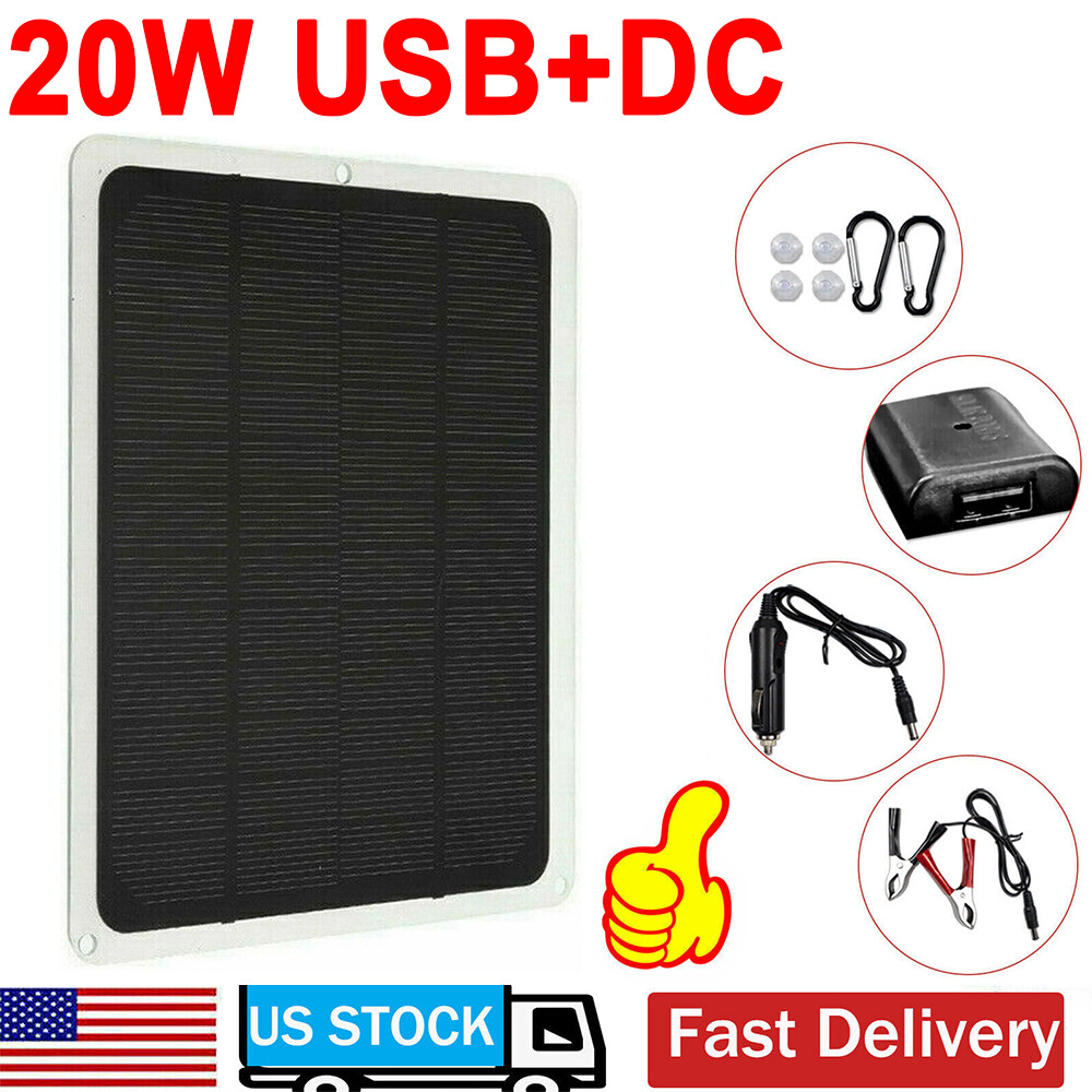 20W Solar Panel 12V Battery Charger Power Supply Maintainer Marine Boat RV Car