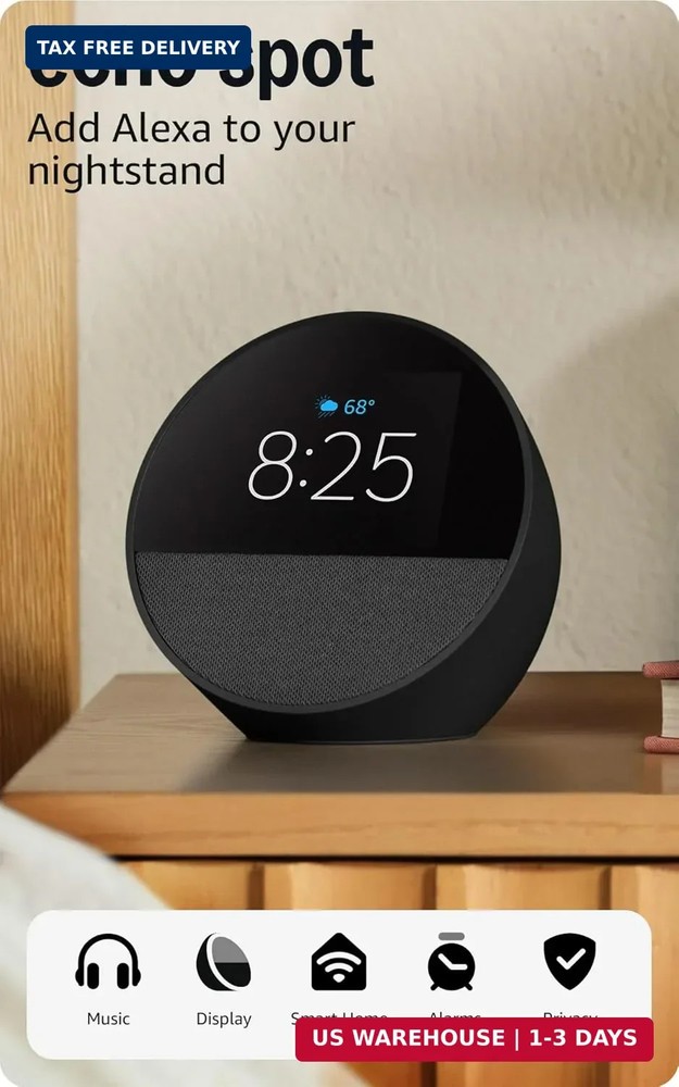 Amazon Echo Spot (newest model), Great for nightstands, offices and kitchens, Sm