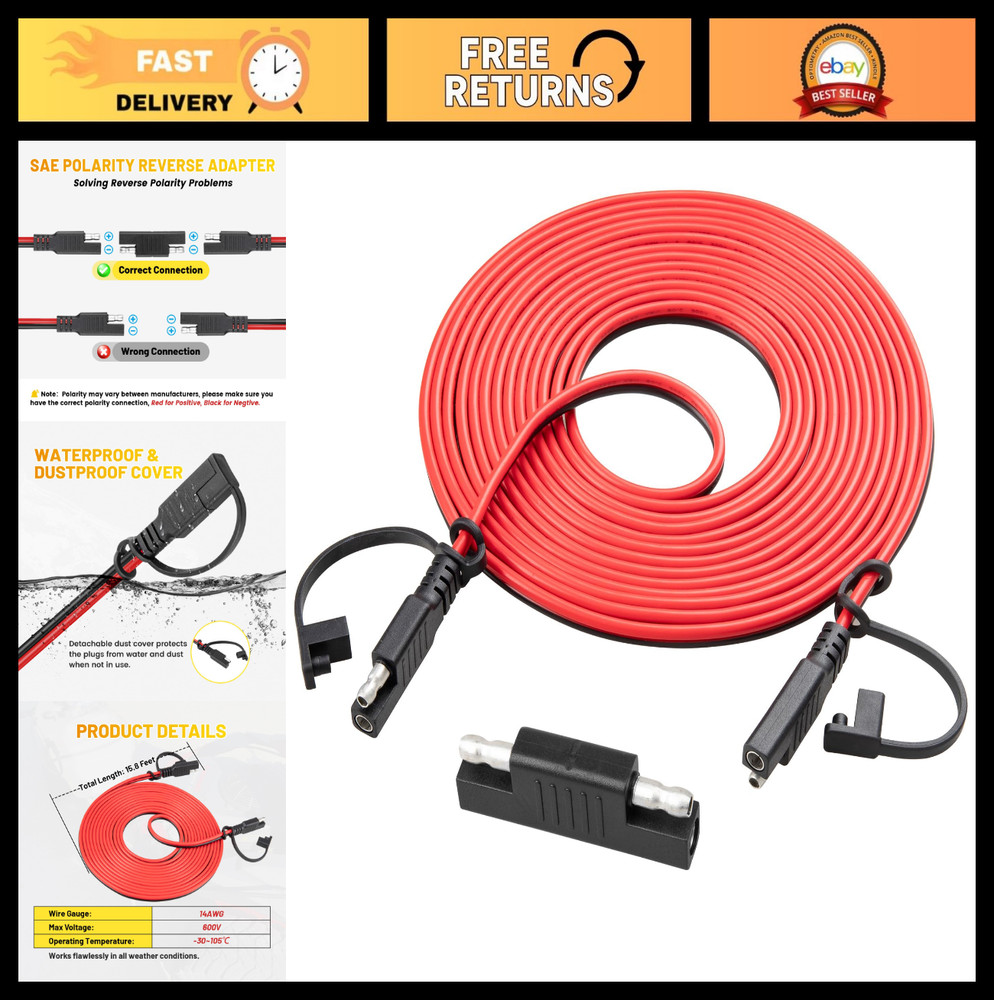 15ft 14AWG SAE Extension Cable, 2 Pin Quick Disconnect for Solar Panel & Battery