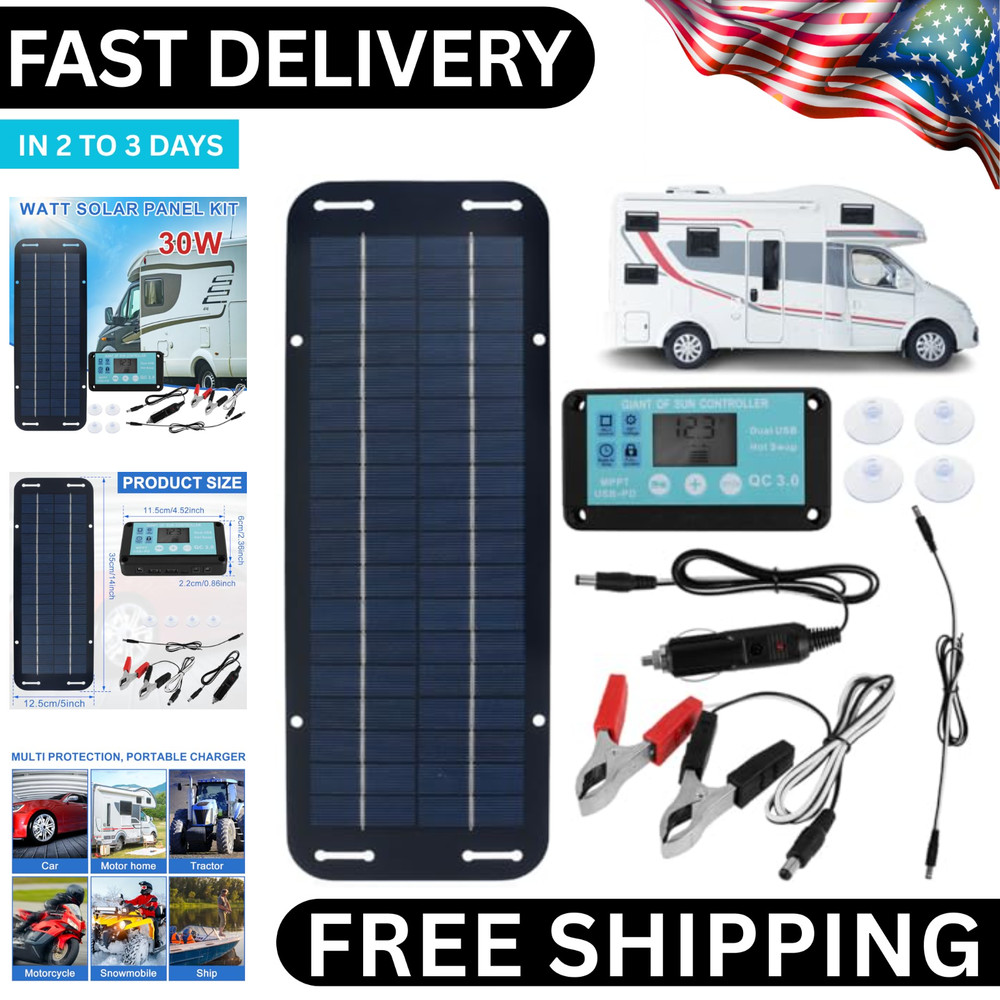 30W Solar Panel 12V Trickle Charger Battery Charger Kit Maintainer Boat Car RV..