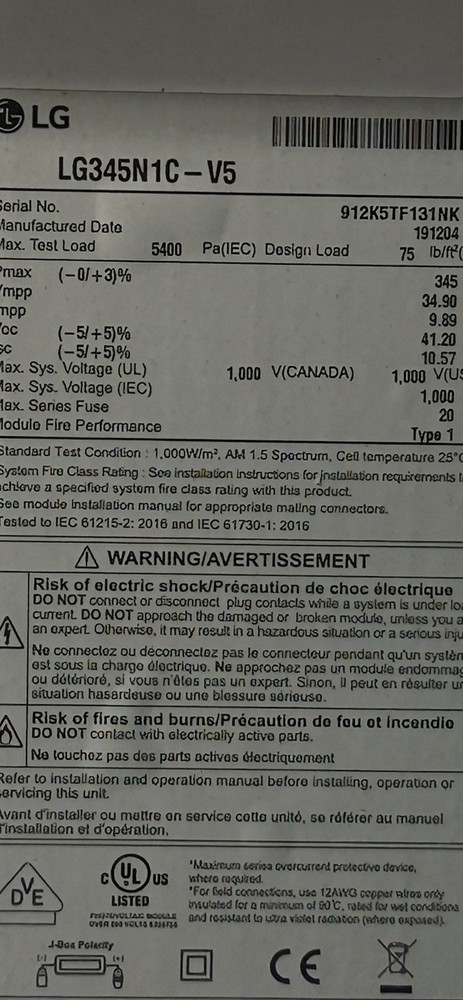 LG LG345N1C-V5 Solar Module Label MC4 1000V Max 20A Overcurrent Device