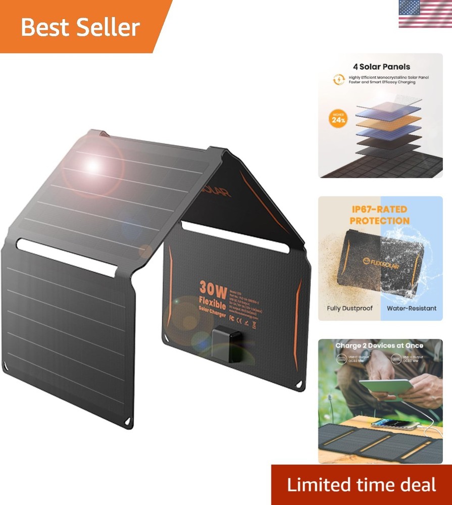 30W Portable Foldable Solar Panel with QC3.0 Quick Charge – Waterproof Design