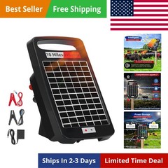 10 Miles Solar Powered Electric Fence Charger – 0.18J Output, 24/7 Day/Night …