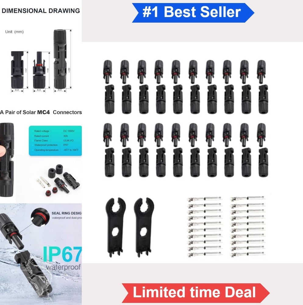 Solar Panel Connector Kit 40PCS PV IP67 Waterproof 1000V 30A 10AWG Male Female