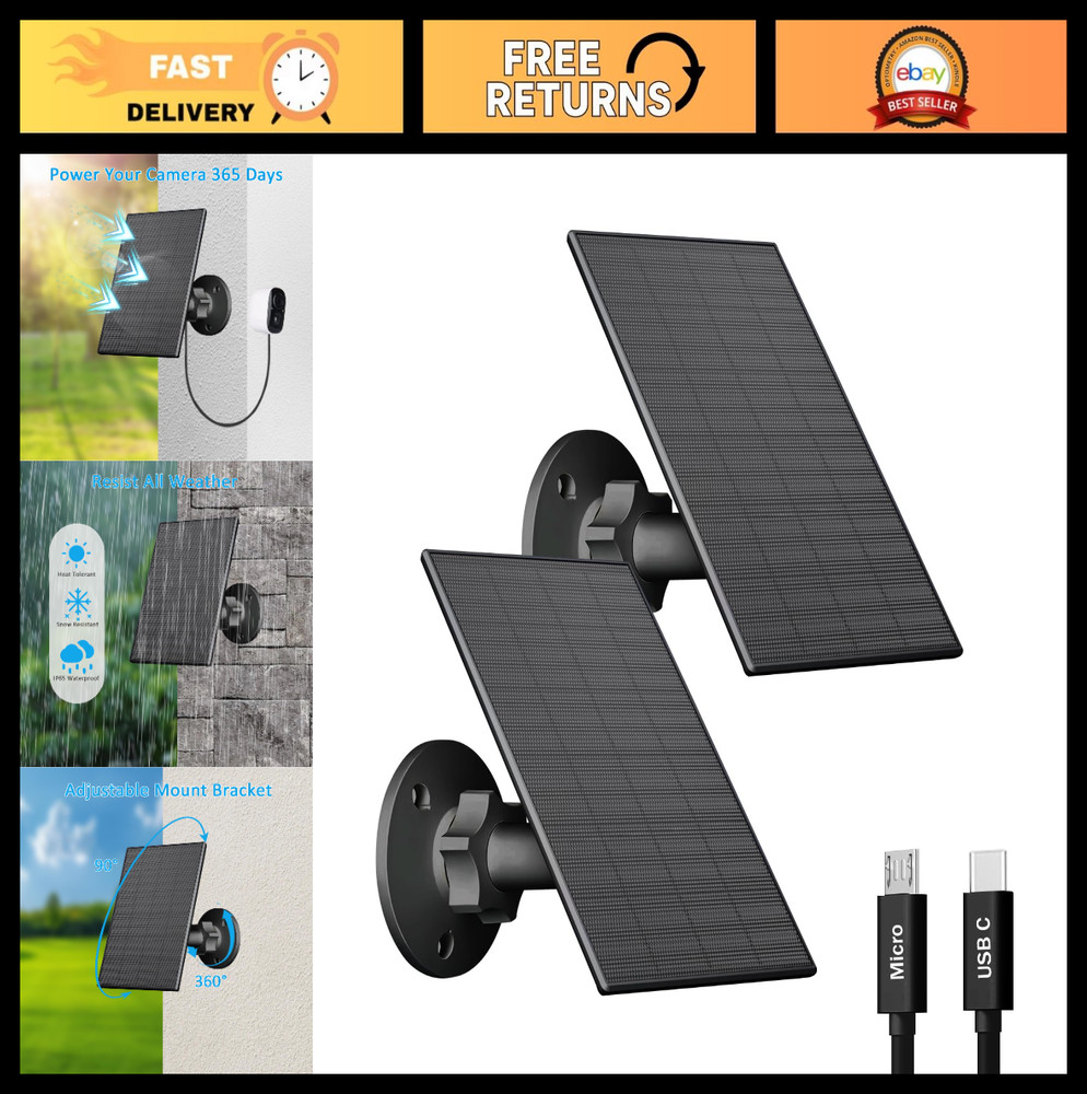 2W Solar Panel for Outdoor Security Cameras, USB-C Charger, Waterproof, 360° Mou