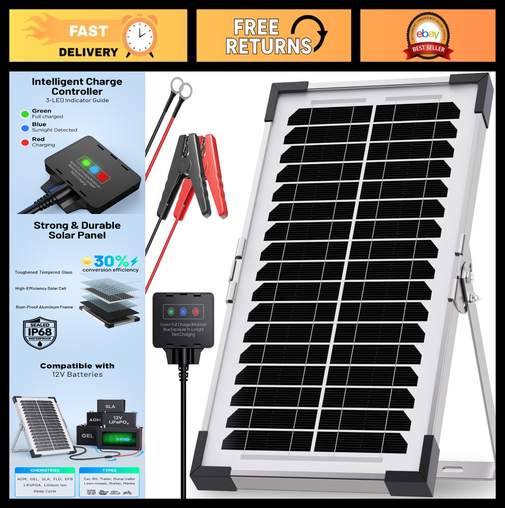 7.5W Solar Battery Maintainer Trickle Charger 12V Waterproof Panel IP68, Overcha