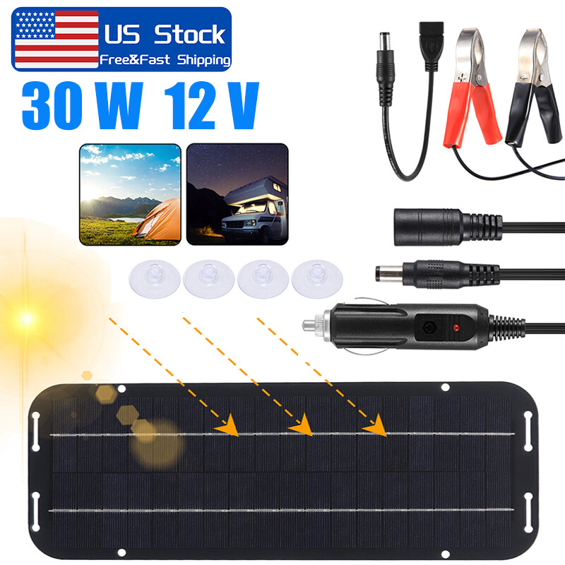 30W Solar Panel 12V Trickle Charger Battery Charger Kit Maintainer Boat Car IP65