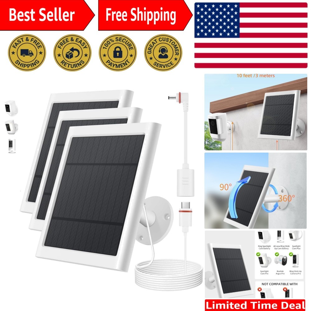 360-Degree Rotatable Solar Panel with 10ft Cable – Compatible with Ring Security