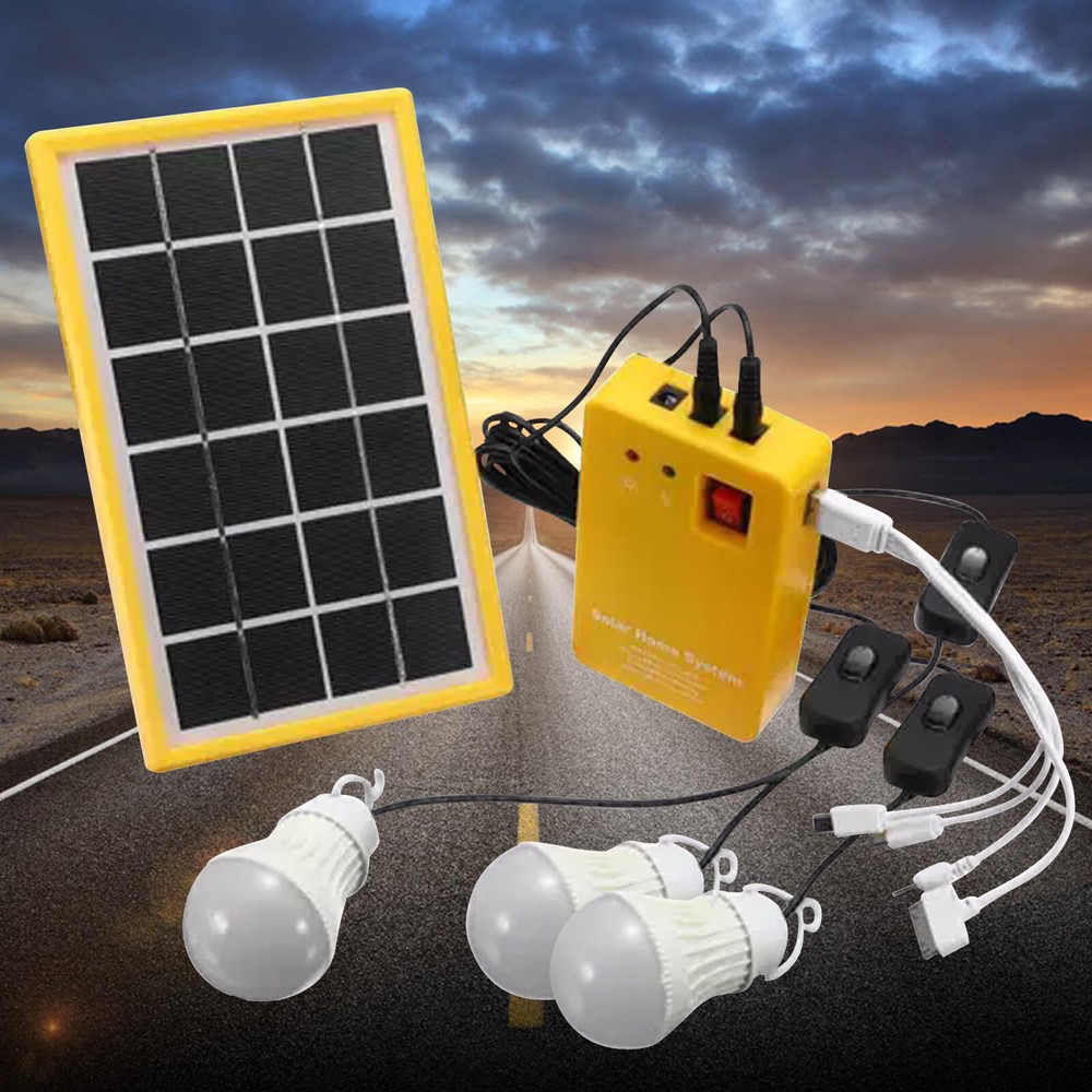 Solar Power Panel Generator Kit 5V USB Home System Charger 3 LED Bulbs Light
