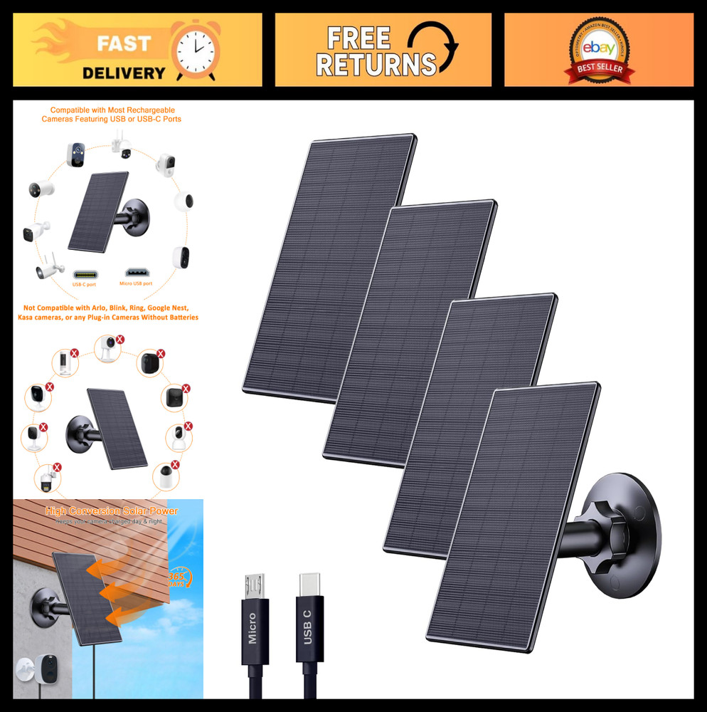 4 Pack 2W Solar Panel for Security Cameras – USB & USB-C, Waterproof, Adjustable