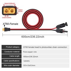 12 AWG 20 ft XT60 Female to Solar Connector Solar Panel Extension Charging Cable