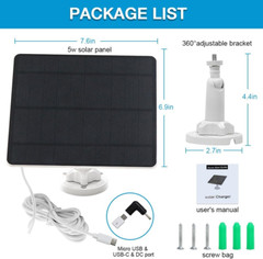 Panel solar para cámara de seguridad, 5 W, USB, 5 V CC