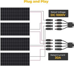 PV Solar Panel Y Connectors 1 Male to 4 Female, 2 Pairs