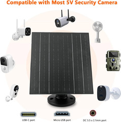 10W Solar Charger, 5V Solar Panel for Security Cameras with Usb-C/Micro USB/DC 5
