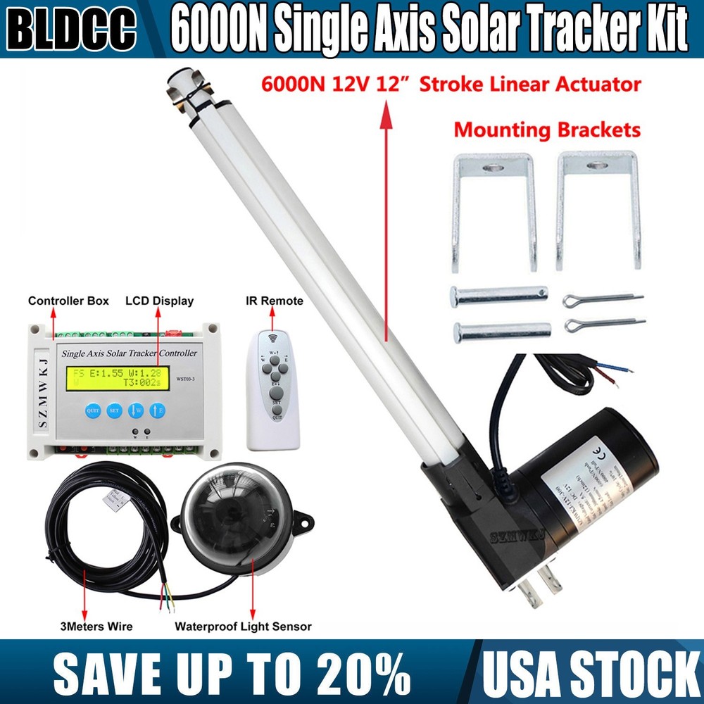 Single Axis PV Solar Panel Tracking Controller +6000N DC 12V 12″ Linear Actuator