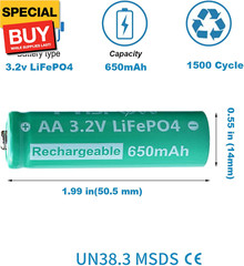 AA 3.2V LiFePo4 650mAh Solar Battery, AA 3.2V Lithium Iron Phosphate Rechargeabl
