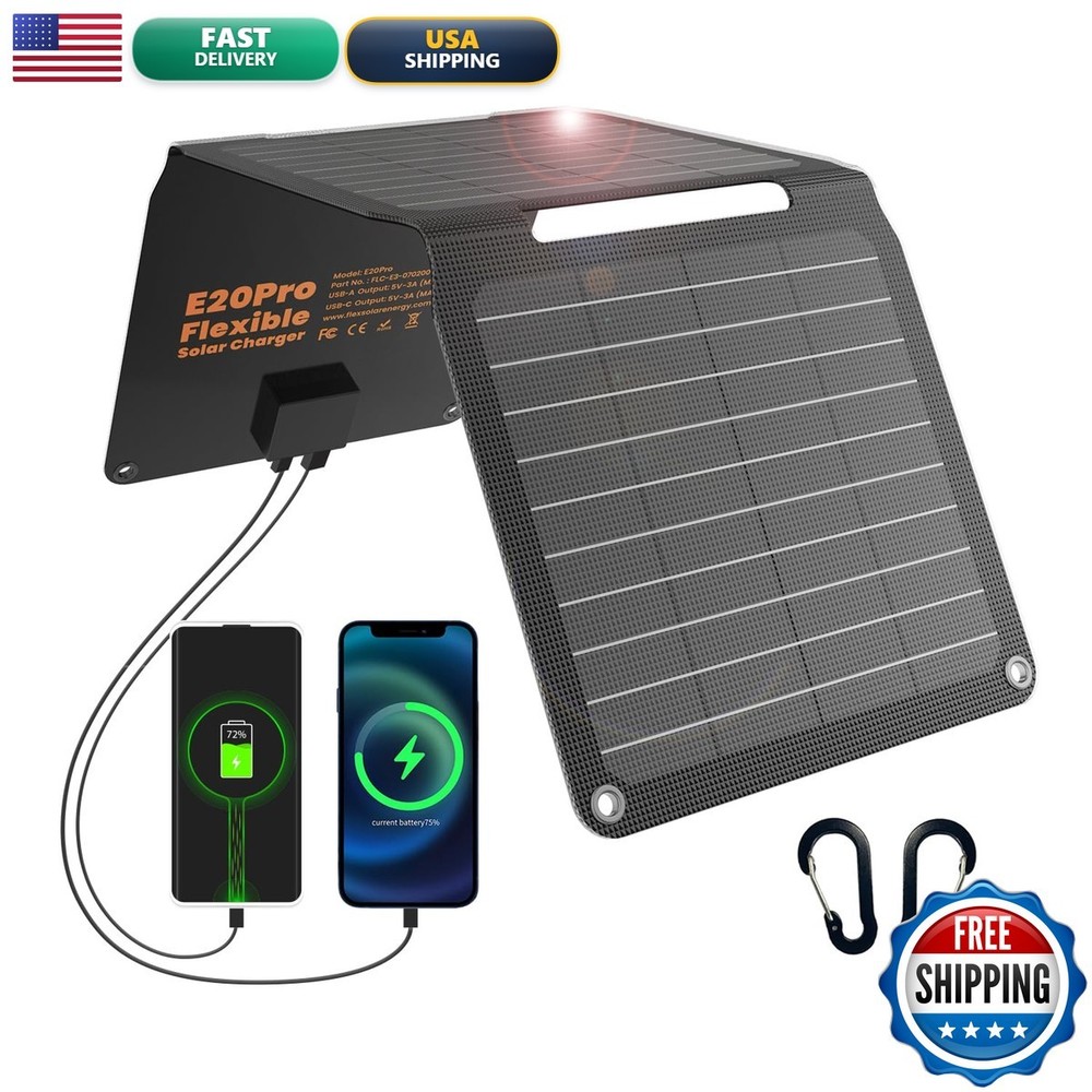 FlexSolar 20W E20 pro Portable Solar Panel ETFE IP67 Waterproof USB A USB C