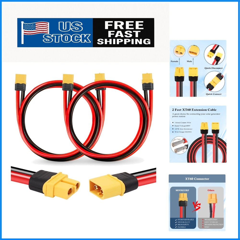 Heavy Duty 10AWG XT60 Extension Cable – 2FT Male to Female Connection for Solar