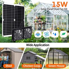 2 Sets 15W Solar Panel Fan w/ Waterproof Fan for Chicken Coops Greenhouses Sheds