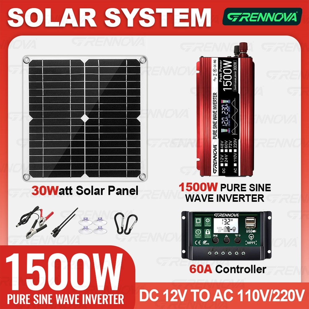 Grennova 1500W Real Power Solar Kit 30W 60A MPPT Pure Sine Off-Grid Home Camping