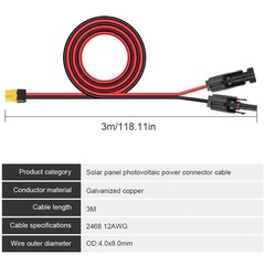 10ft XT60 Female to Solar Connector Solar Panel Extension Charging Cable 12 AWG