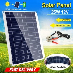 Outdoor Solar Panel 12V 25W Car Battery Charger IP68 Waterproof w/ 3.0A Dual USB