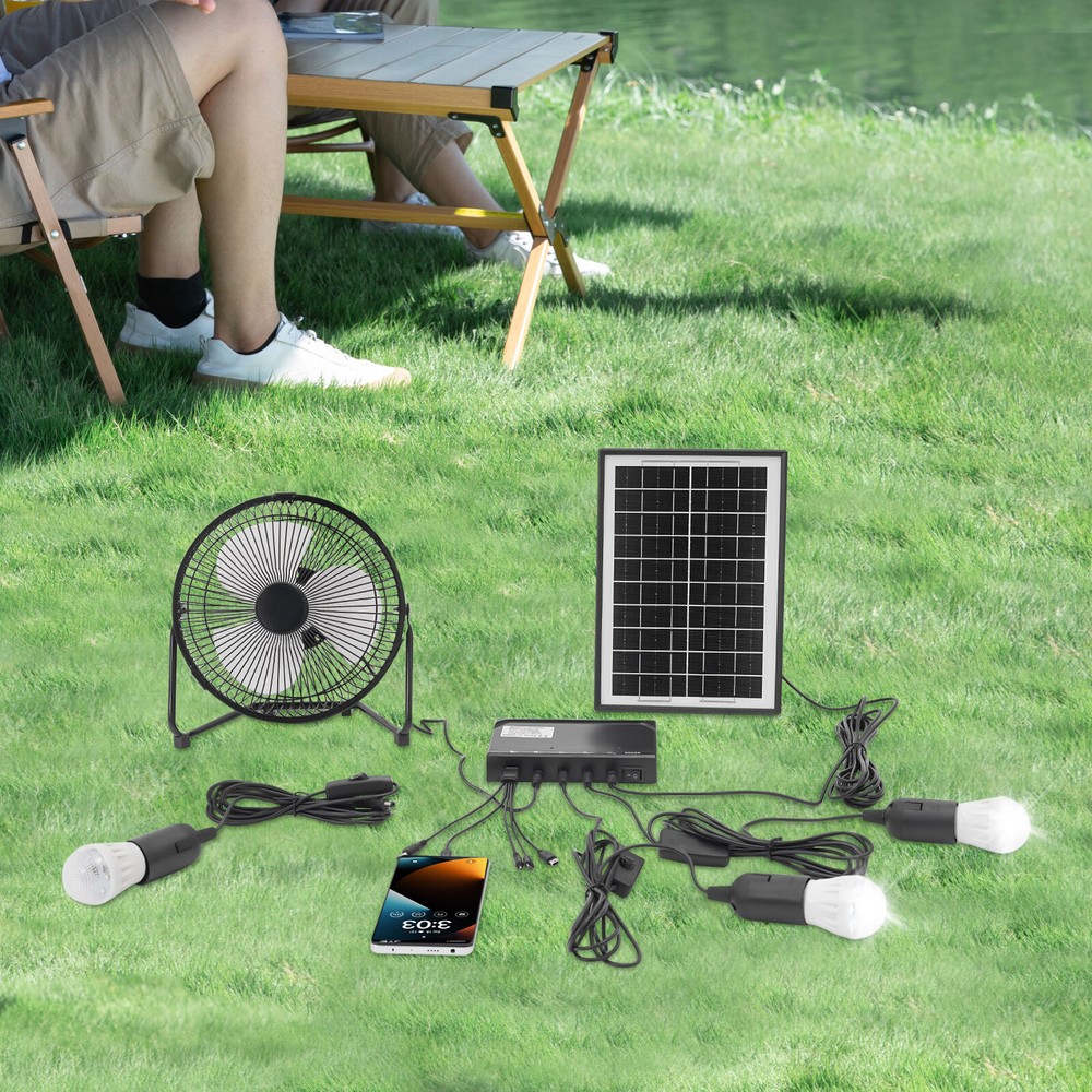 Solar Lighting & Fan Kits with 3 Bulbs USB Charging for Home Outdoor Camping