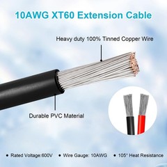 2FT XT60 Extension Cable 10AWG – 2PCS Male to Female Connector for Solar, RC, Po