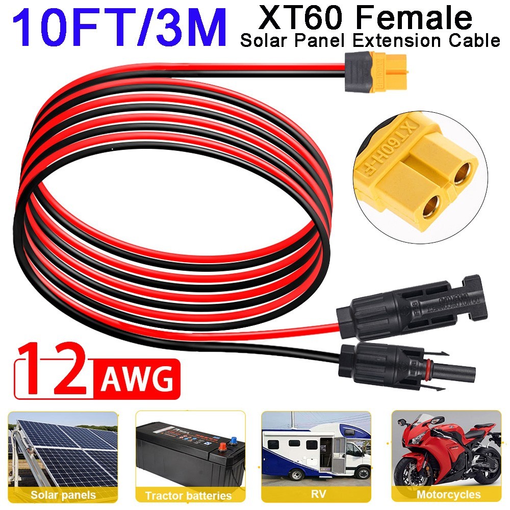 10ft Solar Panel Extension Cable Wire XT60 Female to Solar Connectors 12AWG Cord