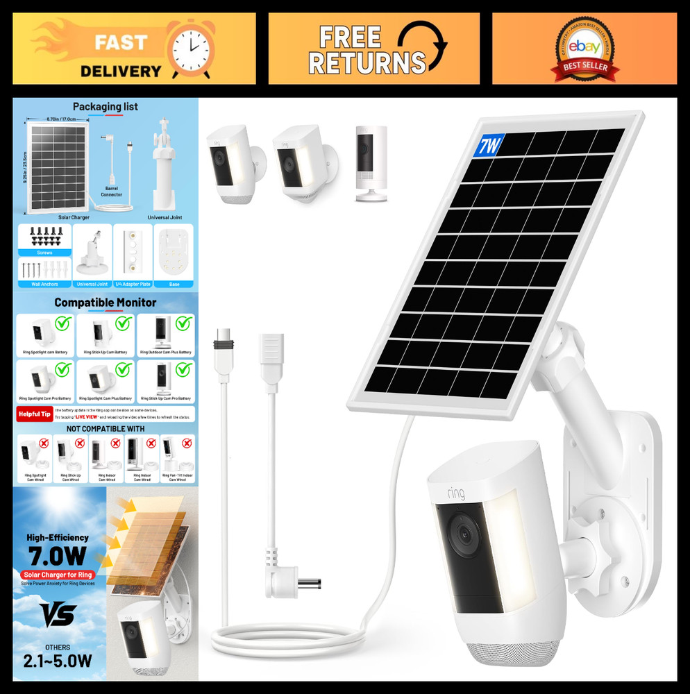 7W Solar Panel & 2-in-1 Wall Mount for Ring Camera, Adjustable Weatherproof Char