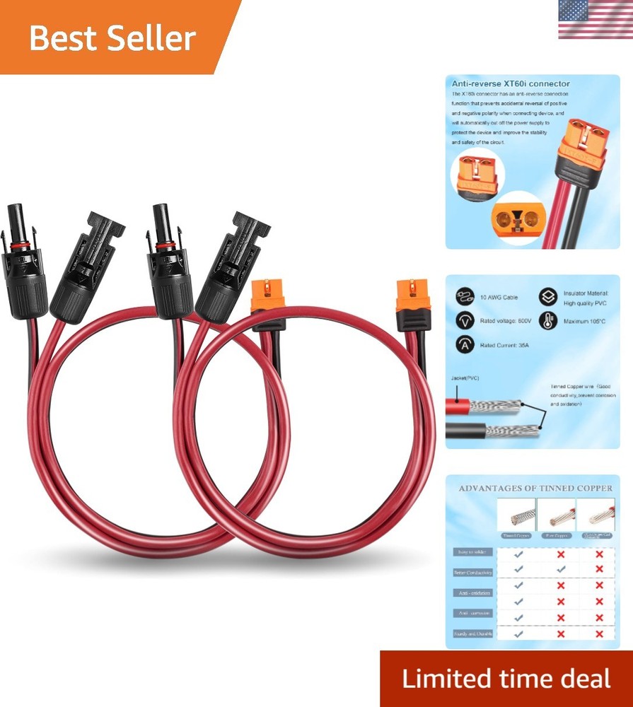 Durable 2FT Solar Panel to XT60i Cable – Male-to-Male Connection with Low Loss