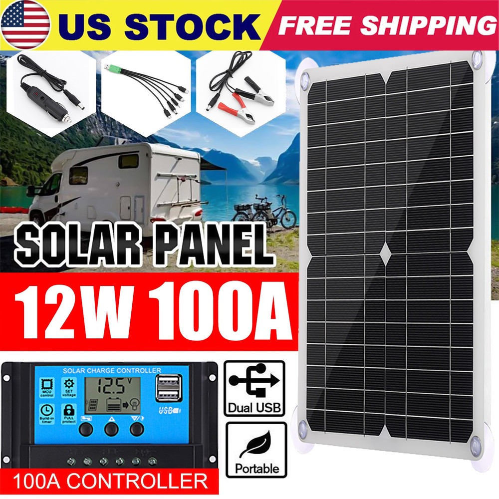 Solar Panel Kit w/100A Controller Dual USB Monocrystalline for Camping Caravan