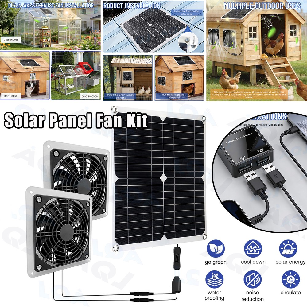 Waterproof 30W Solar Panel with 2 Fans Kit For Chicken Coops Sheds Pet Houses