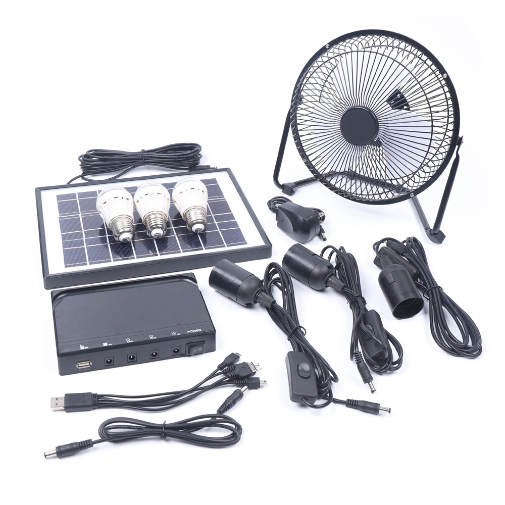 Solar Power Panel Kit Outdoor Camping USB Charging System W/ LED Light & 8″ Fan