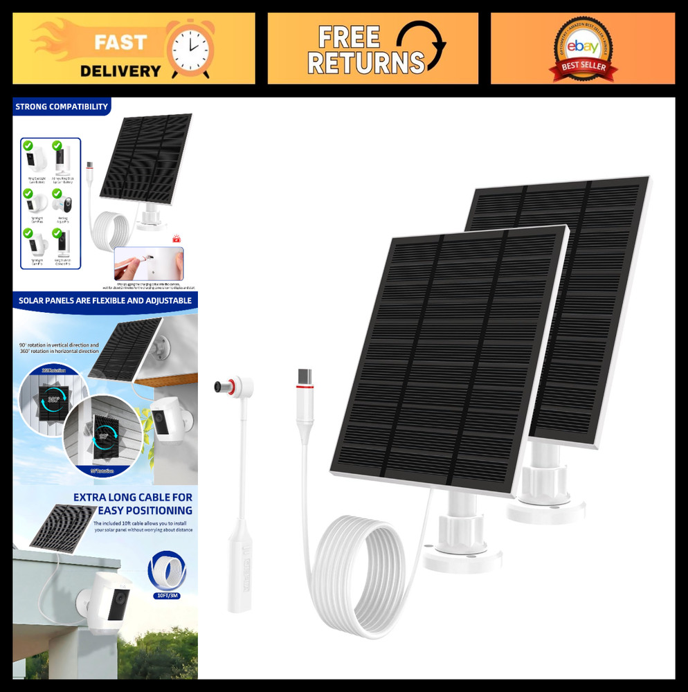 5W 5V Solar Panel Charger for Outdoor Wireless Cameras, Waterproof IP65, 10FT Ca