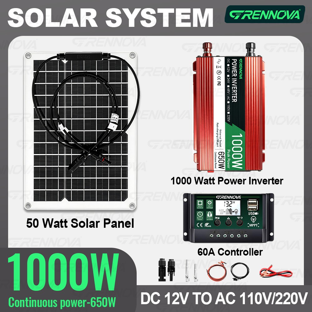 Grennova 1000W Solar Kit Real 12V To 110V/220V Power Inverter 60A MPPT Controlle