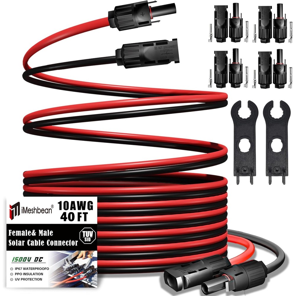10 AWG 40 FT Solar Panel Extension Cable w/ Female / Male Connectors & Spanners