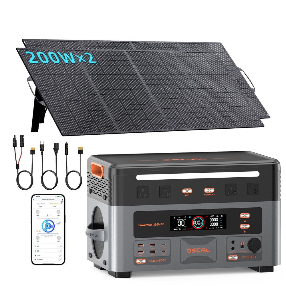 OSCAL LiFePO4 PM3600 with 2*200W Solar Panel 2016Wh Portable Power Station 3600W