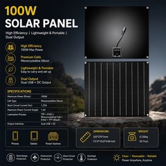 100W Portable Flexible Solar Panel Monocrystalline Waterproof, Dual USB & DC Out
