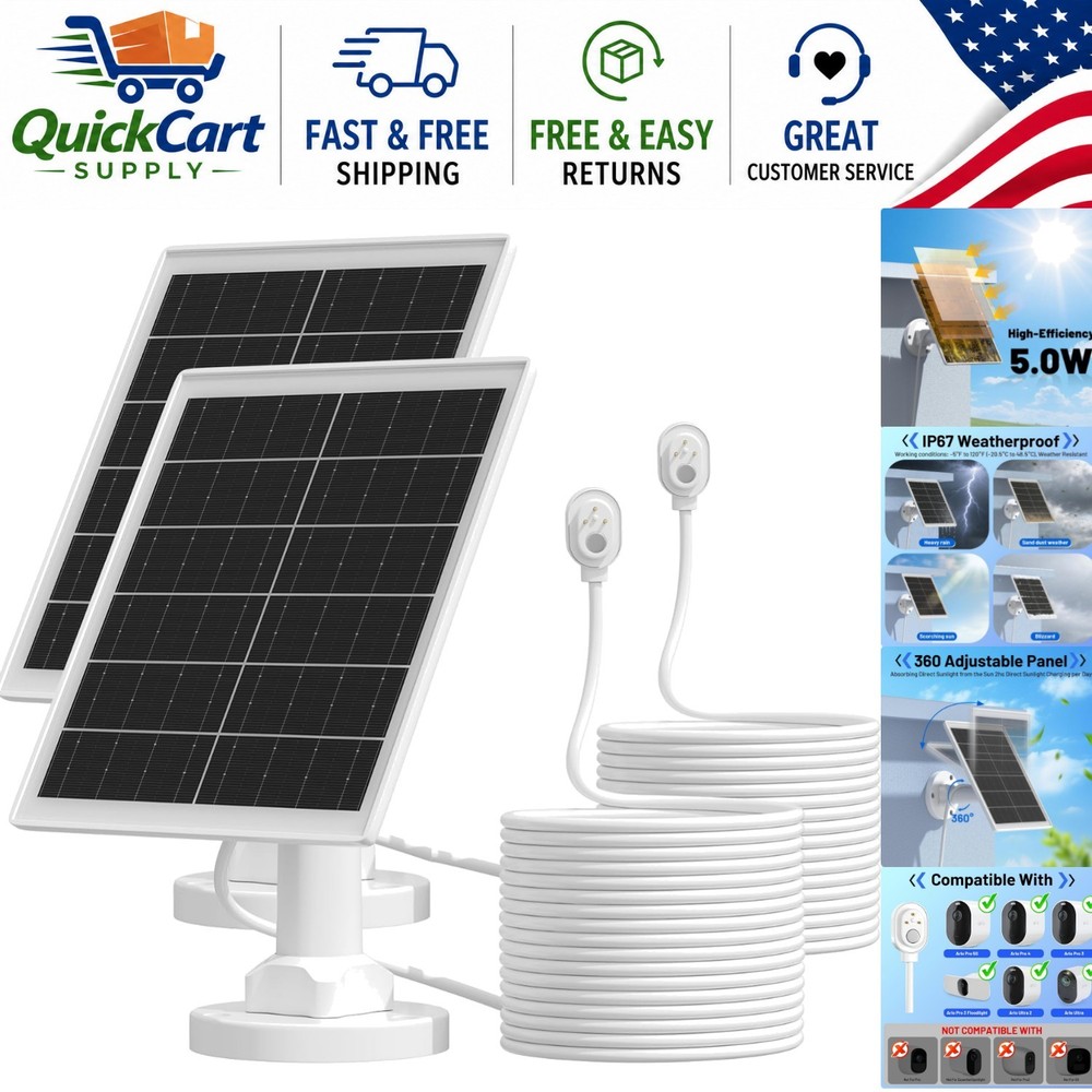 2 Pack Waterproof Solar Charger for Arlo Cameras with 13.1ft Cable, 360° Mount