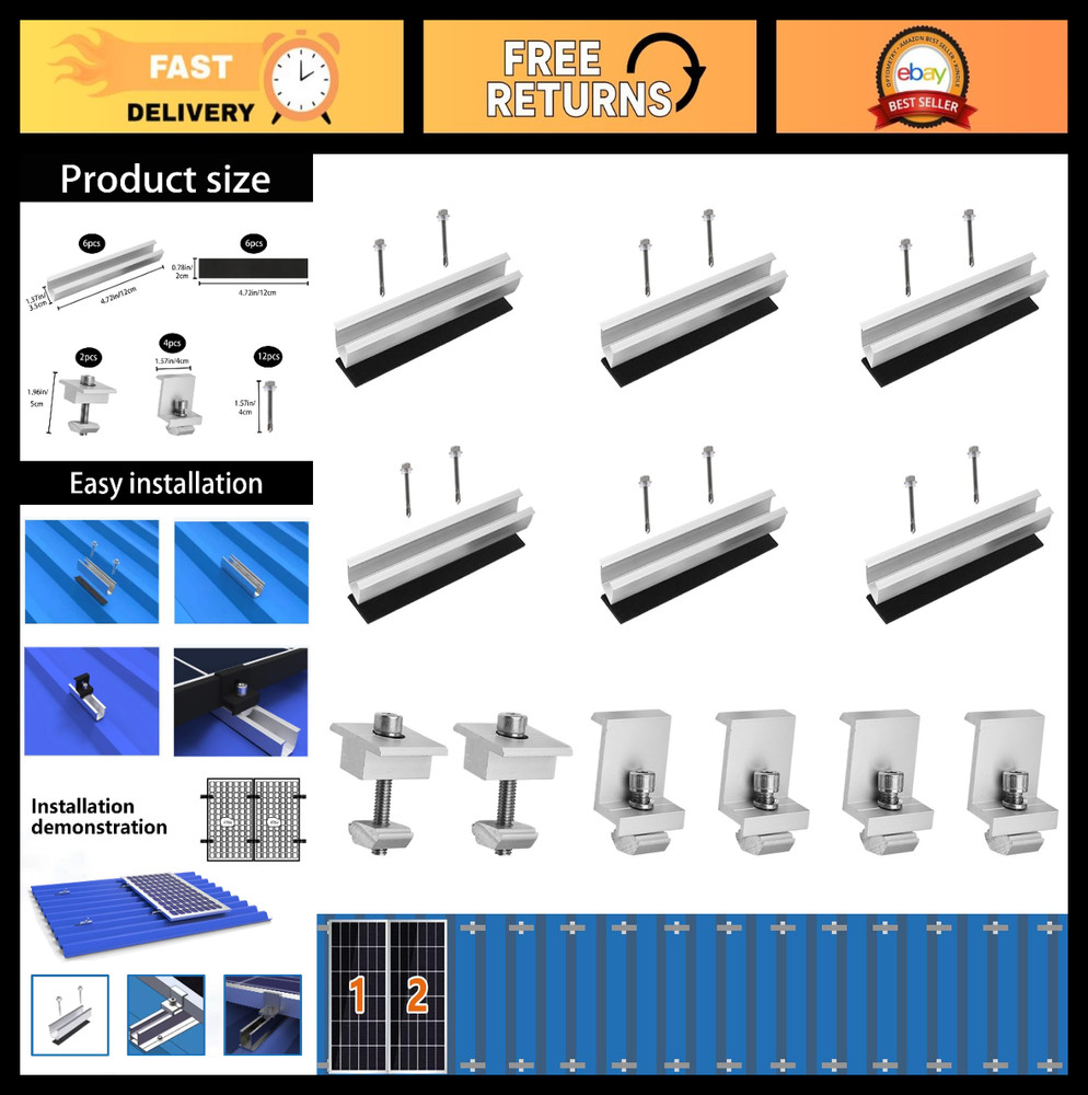 Solar Panel Mounting Bracket Kit – 6 Pcs Aluminum Z-Brackets & Clamps for Metal/