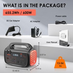 Portable Power Station 642Wh 600W Solar Generator with 100W Solar Panel Backup